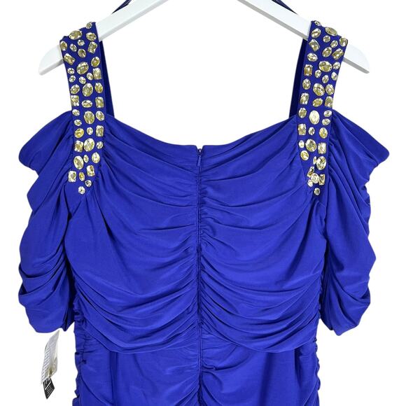 Alex Evenings Plus Size 14 Cobalt Blue Cold Shoulder Embellished Ruched Gown NWT - Picture 9 of 14